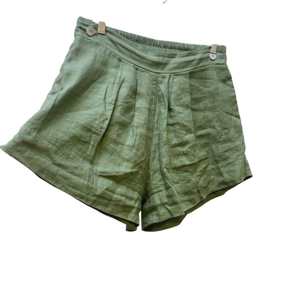 Free The Label Green Linen High-Waisted Shorts, Size Large - Picture 1 of 5